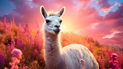 Foto op Plexiglas Cute, beautiful llama in a field with flowers in nature, in sunny pink rays. © ALA