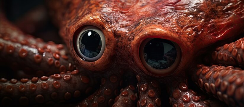 A detailed view of an octopuss eyes and tentacles resembling a closeup of a terrestrial animals jaw. This image showcases the intricate patterns and textures found in marine biology