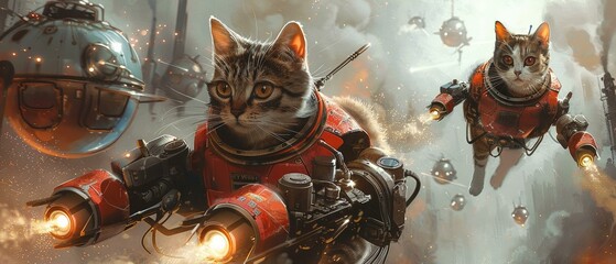 A steampunk adventure featuring cats with mechanical suits battling sky pirates - obrazy, fototapety, plakaty