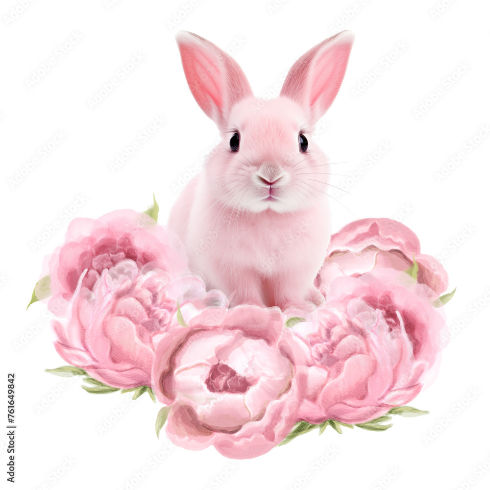 Wall mural pink bunny and spring flowers on a transparent background