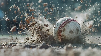 A close-up of a baseball on the ground captures a dynamic moment of impact - obrazy, fototapety, plakaty