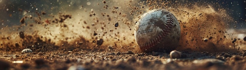 A close-up of a baseball on the ground captures a dynamic moment of impact