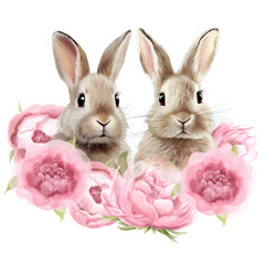 Obraz premium pink bunny and spring flowers on a transparent background