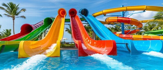 Fototapeta na wymiar A Colorful water slides offer endless fun under the bright sun at an enticing waterpark oasis.