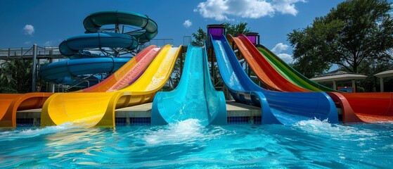 Fototapeta na wymiar A Colorful water slides offer endless fun under the bright sun at an enticing waterpark oasis.