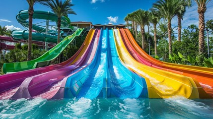 A Colorful water slides offer endless fun under the bright sun at an enticing waterpark oasis.