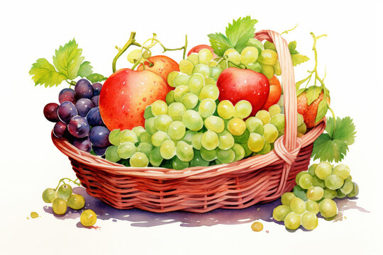 Watercolor fruit basket clipart isolated on transparent background