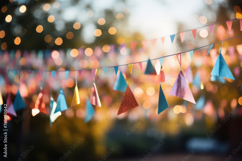 Poster colorful string of paper flags hanging generative ai