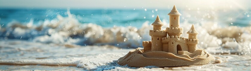 A detailed sandcastle stands on a sunny beach