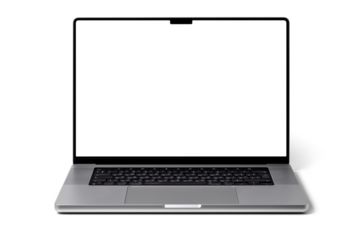 Open Macbook grey laptop by Apple isolated on transparent background. Mackbook Pro 16  M1 chip 2021. 