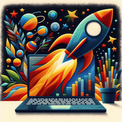 Felt art patchwork, Sleek rocket blasting off from an open laptop screen, symbolizing a startup launch, innovative business concept and the dynamic initiation of a new entrepreneurial venture