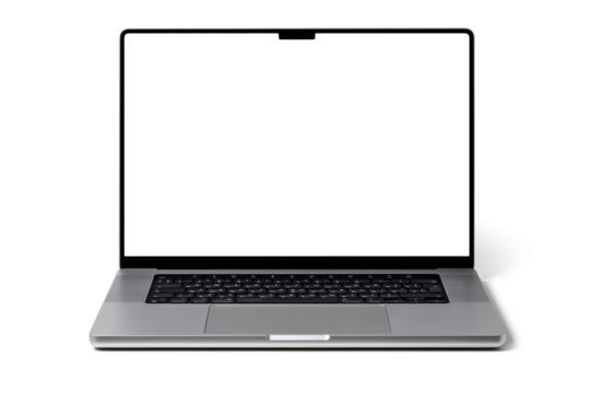 Open Macbook grey laptop by Apple isolated on transparent background. Mackbook Pro 16  M1 chip 2021. 