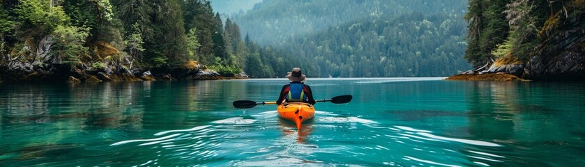 A kayaker in a bright orange kayak paddles through clear waters surrounded by a forested mountain landscape.