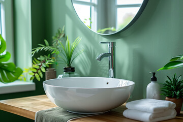 Fototapeta premium White ceramic sink and chrome faucet, round mirror on light pistachio wall, modern bathroom interior design