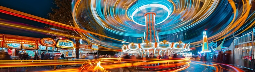 A Long exposure captures the mesmerizing light trails of carnival rides spinning at night - obrazy, fototapety, plakaty