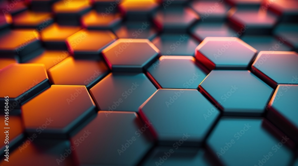 Poster vibrant hexagons interlocking in a seamless pattern, evoking the idea of interconnected systems and 