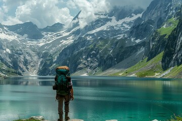 A solitary backpack stands against the backdrop of a breathtaking alpine mountain lake