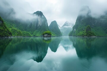 A Tranquil waters of a mystical lake reflecting towering limestone mountains under a cloudy sky.