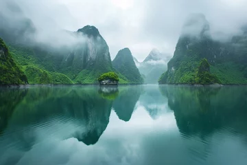 Papier Peint photo Lavable Réflexion A Tranquil waters of a mystical lake reflecting towering limestone mountains under a cloudy sky.