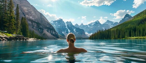 A woman soaks in the serene waters of a mountain lake