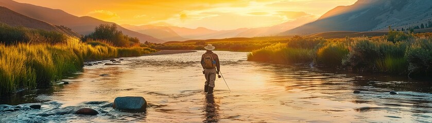 An angler enjoys fly fishing in a serene river flowing through a mountainous landscape at sunset. - obrazy, fototapety, plakaty