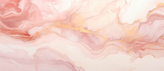 An artistic closeup of a marble texture in pink and yellow hues resembling cumulus clouds on a white background. The pattern evokes a painting with shades of peach, petal, fur, magenta, and wool - obrazy, fototapety, plakaty