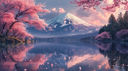 Dotted Delight: Cherry Blossoms at Mount Fuji, generative ai