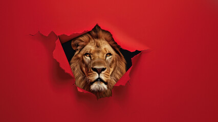 The intense gaze of a lion fixated through a simple tear in a red background, depicting focus and presence - obrazy, fototapety, plakaty