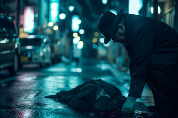 Detective private detective police cop investigates a murder at a crime scene on a city street, studying the victim's corpse, searching for evidence at night in hot pursuit