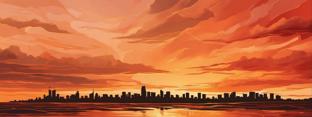 Copper sunset hues transitioning from burnt orange to fiery red and molten gold. Dramatic skyline ablaze with the colors of dusk. - obrazy, fototapety, plakaty