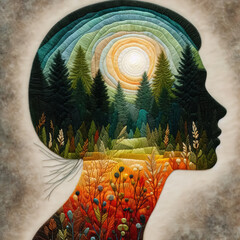 Felt art patchwork, Double exposure of a woman's head with forest landscape in the background
