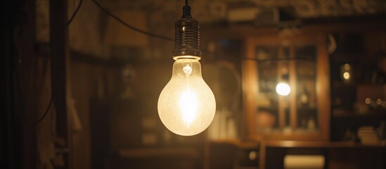 Light bulb suspended from ceiling in dimly lit room.