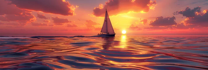 Foto op Canvas Serene Sunset Over Ocean Expanse with Silhouette of Sailing Boat © Leah