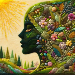 Felt art patchwork, woman's face profile with environmentally concept