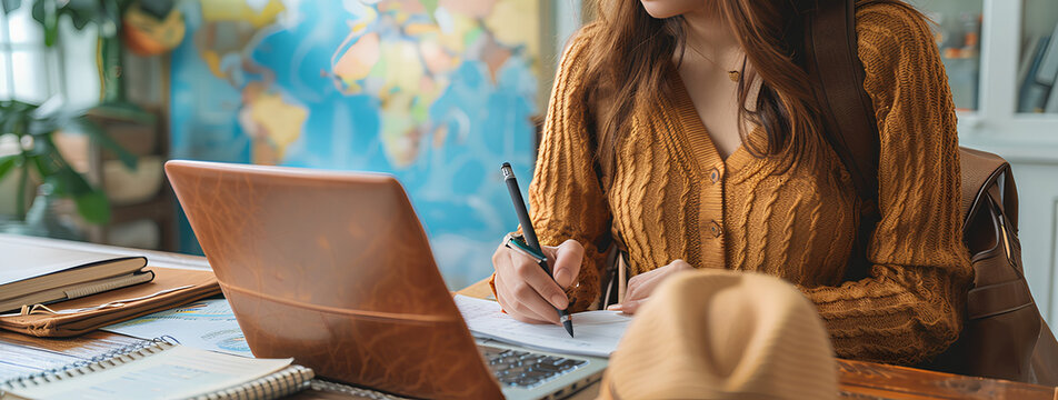 Travel planning, vacation, holiday trip concept, asian young tourist woman hand take note, check list using laptop searching information booking ticket or hotel online, preparation for journey trip