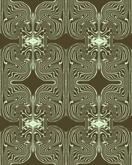 Seamless geometric decorative pattern in Art Deco style with streaks and symmetry on a dark background. Suitable for interior, wallpaper, fabrics, clothing, stationery.
