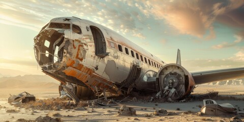 Plane crash, debris on the ground, Generative AI.