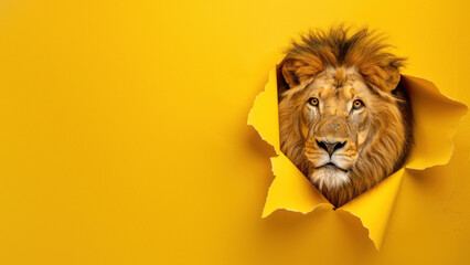 A formidable lion face is framed by a yellow paper tear, conveying emergence and a sense of...