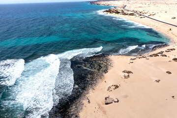 Panoramic high angle aerial drone view of Corralejo National Park (Parque Natural de Corralejo) with sand dunes located in the northeast corner of the island of Fuerteventura, Canary Islands, Spain