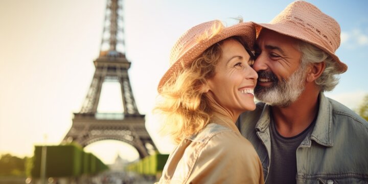 Mature couple showing love near eiffel tower.  Paris the city of love. Generative AI.