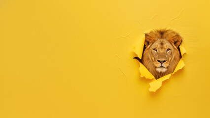 Showing a mix of curiosity and boldness, a lion's face peers from a yellow paper tear, creating a captivating visual - obrazy, fototapety, plakaty