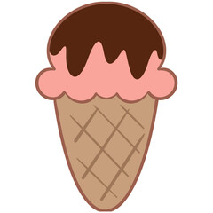 Hand drawn pink ice cream with chocolate sauce doodles for kids.