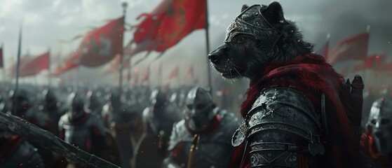 A dog kingdom under siege, with brave defenders using enchanted armor and weapons - obrazy, fototapety, plakaty