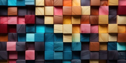 Vibrant Multicolored Wooden Block Wall Generative AI