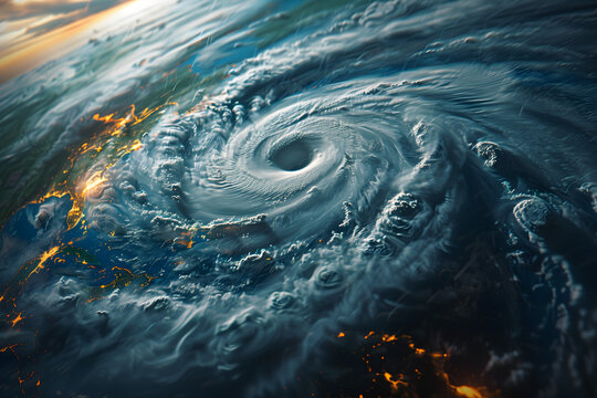 Super Typhoon, tropical storm, cyclone, hurricane, tornado, over ocean. Cloud spirals with cumulonimbus, lightning flashes thunderstorm. Night view of a storm from space