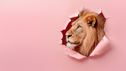 Side view of a powerful lion roaring as it rips through a pink paper background, showcasing ferocity and command