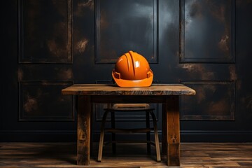 Orange Hard Hat on Wooden Table Generative AI