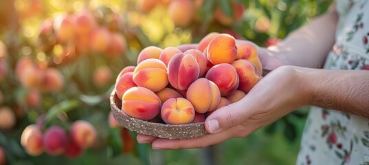 Hand holding ripe apricot with selection on blurred background, copy space available