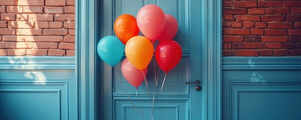 colorful balloons floating through blue door