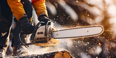 A professional worker in safety gear operates a chainsaw to cut trees. Concept Outdoor Work, Safety Gear, Chainsaw, Tree Cutting, Professional Worker - obrazy, fototapety, plakaty